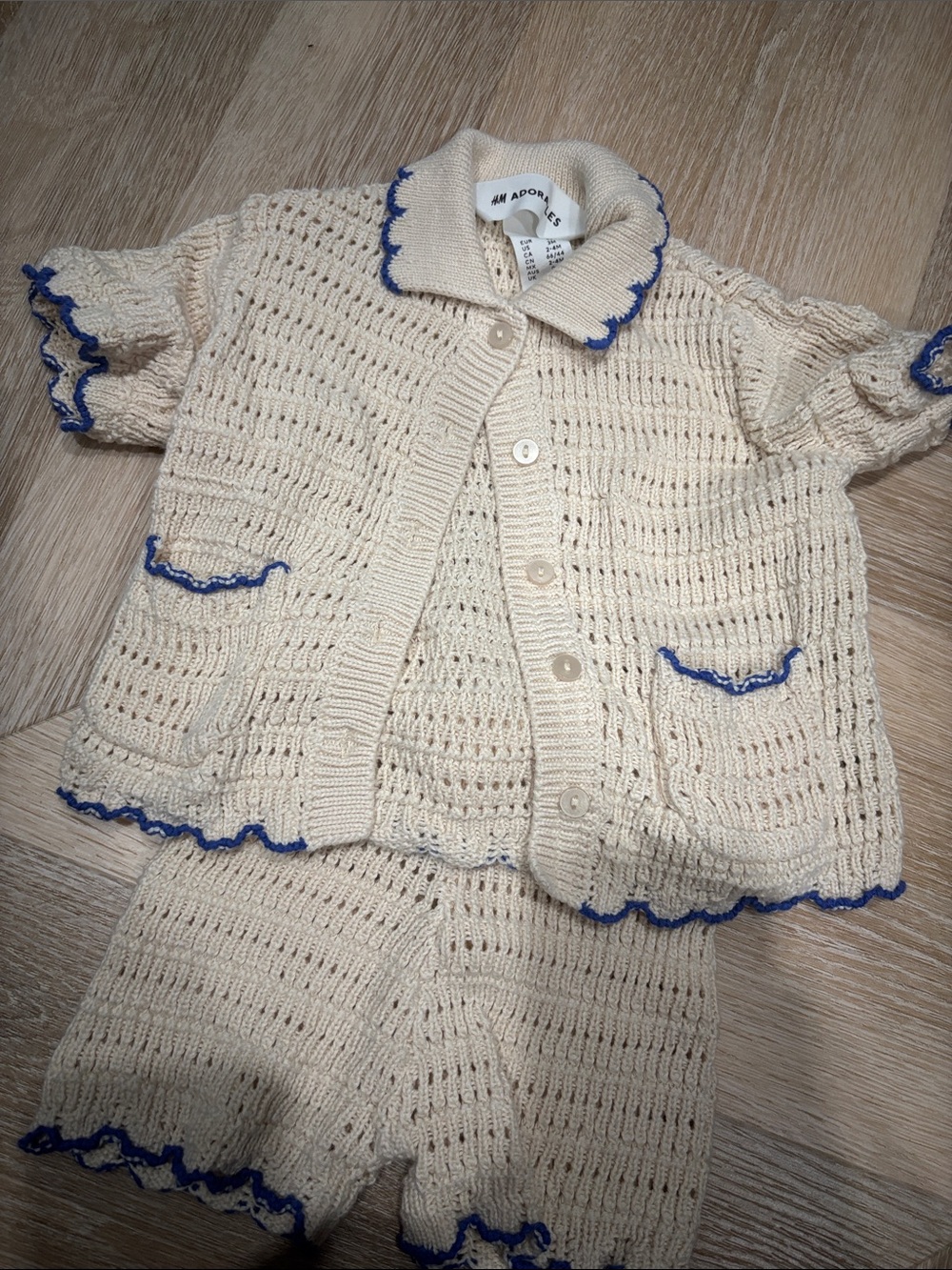 H&M Cream Crochet Matching Set with Blue Trim